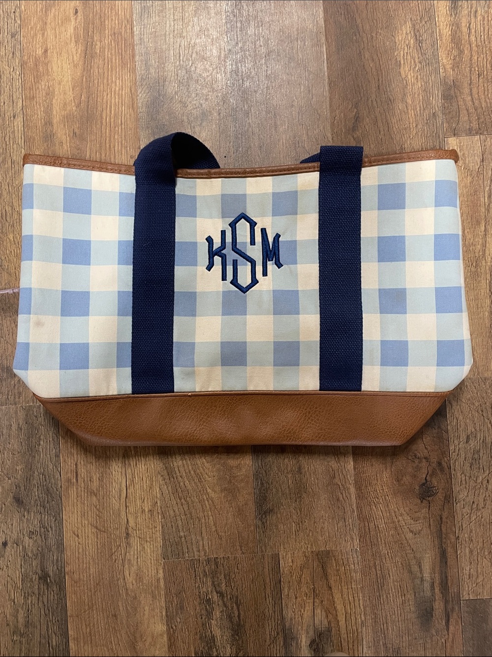 Monogrammed Blue Gingham Tote with Brown Leather Trim